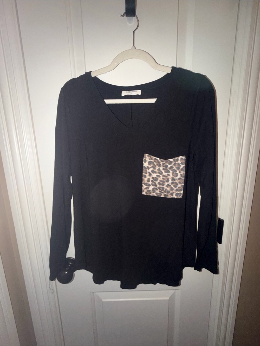 Zenana Outfitters Black V-Neck Long Sleeve Top with Leopard Pocket Accent